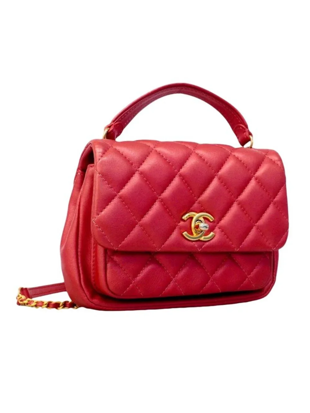 Chanel Handbag Quilted Leather Red Champagne Gold 2-Way